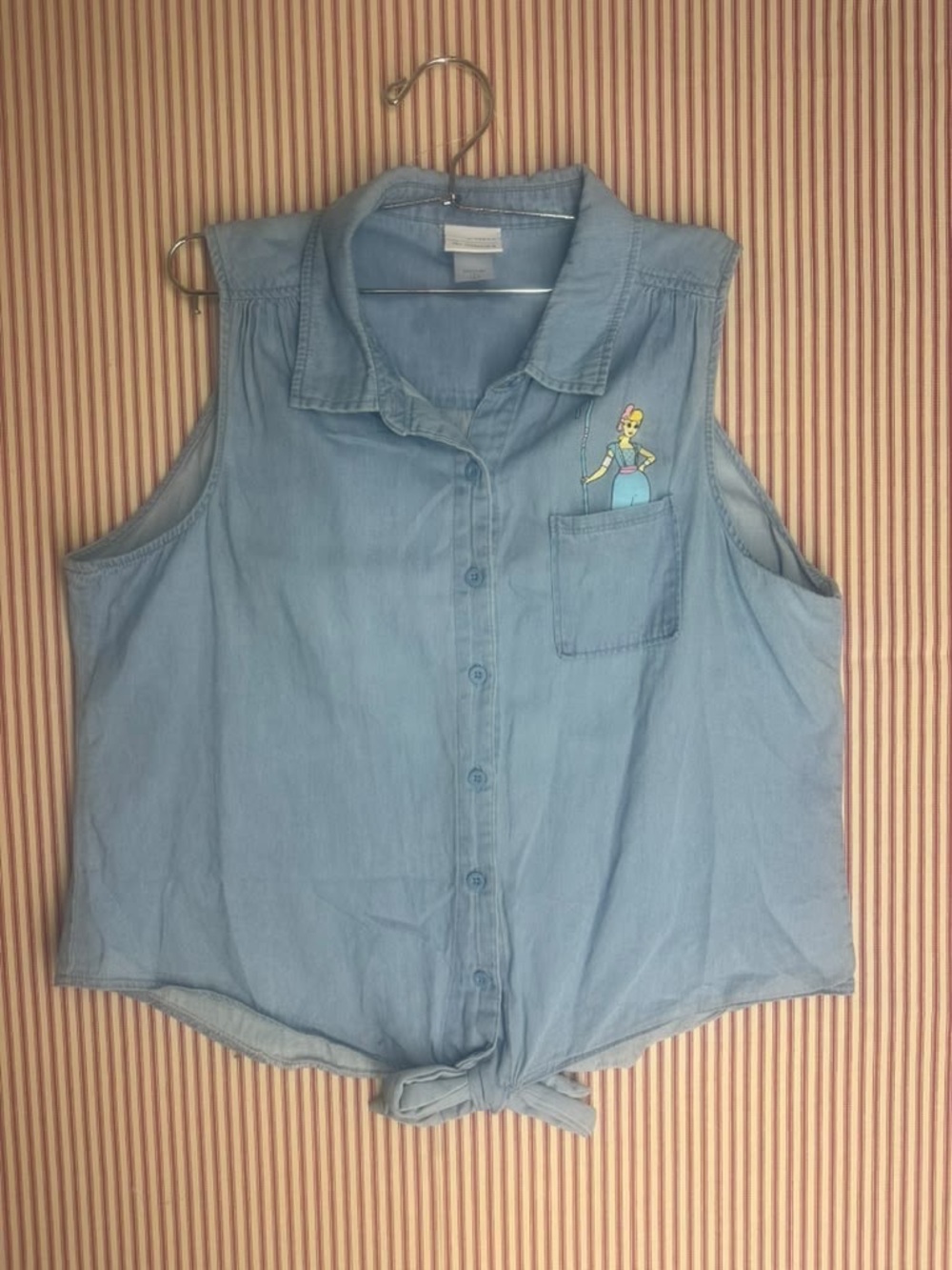 Disney Toy Story Light Blue Sleeveless Tie-Hem Chambray Blouse